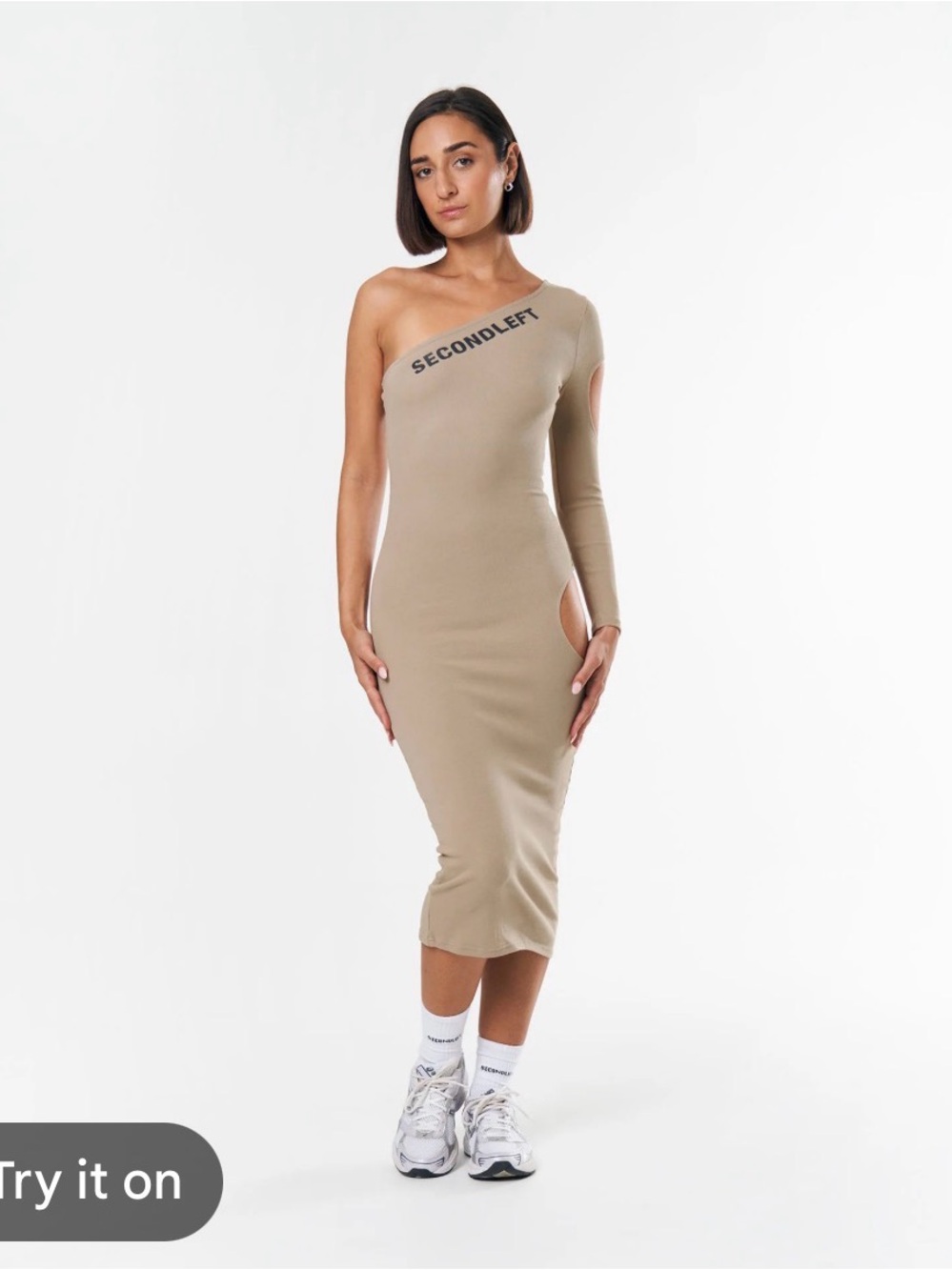 One-Shoulder Taupe Midi Dress
